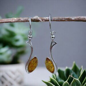 Sterling Silver 925 Colorful Women's Yellow Amber Marquise Dangle Earrings